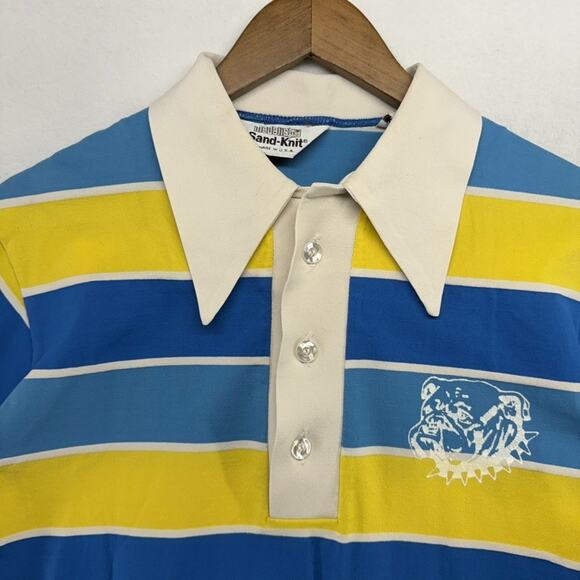 Vintage Sand Knit Polo Shirt Men's 38 Yellow Blue Rockabilly Bulldog 70s Point - Picture 1 of 8